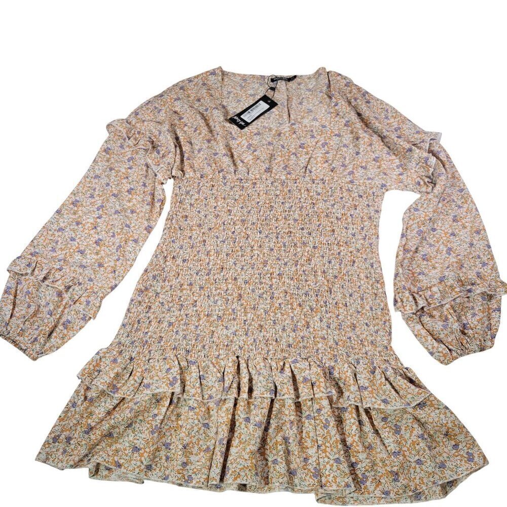 Nasty Gal Put a Spring on It Floral Smocked Long Sleeve Mini Dress Size 10